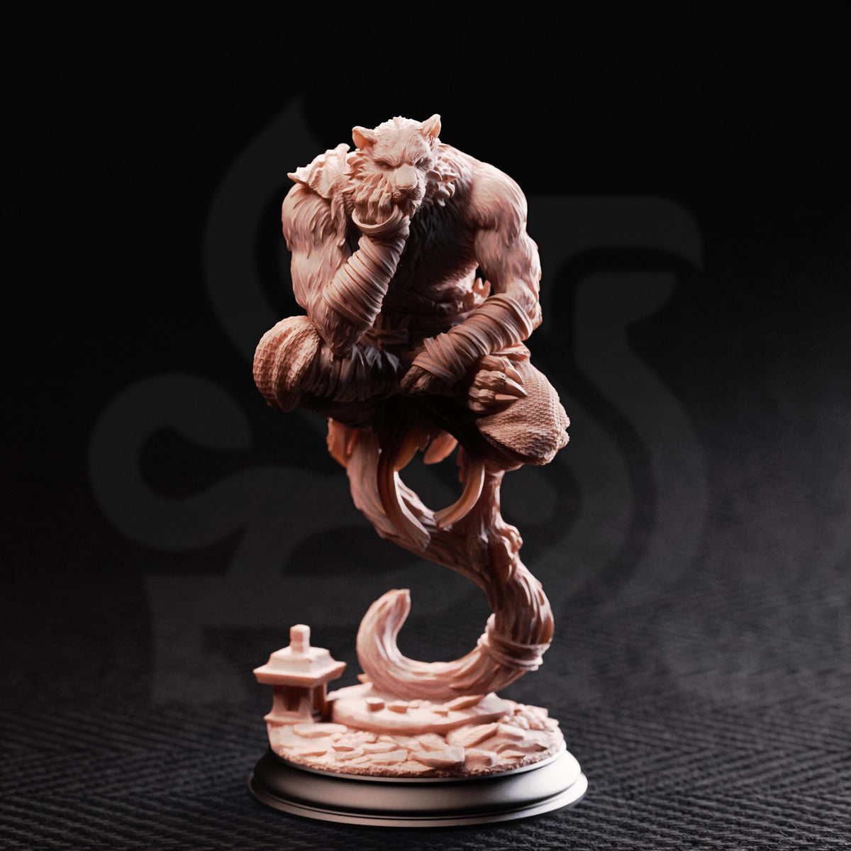 A figurine of a dragon-like creature sitting on a branch, with a small structure or structure below it.