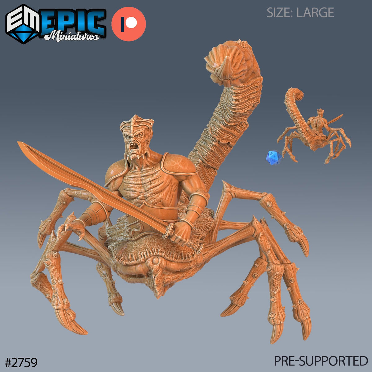 The image is a 3D rendering of a large, detailed model of a spider-like creature with a human-like appearance, holding a sword and accompanied by a smaller, smaller version of the same creature.