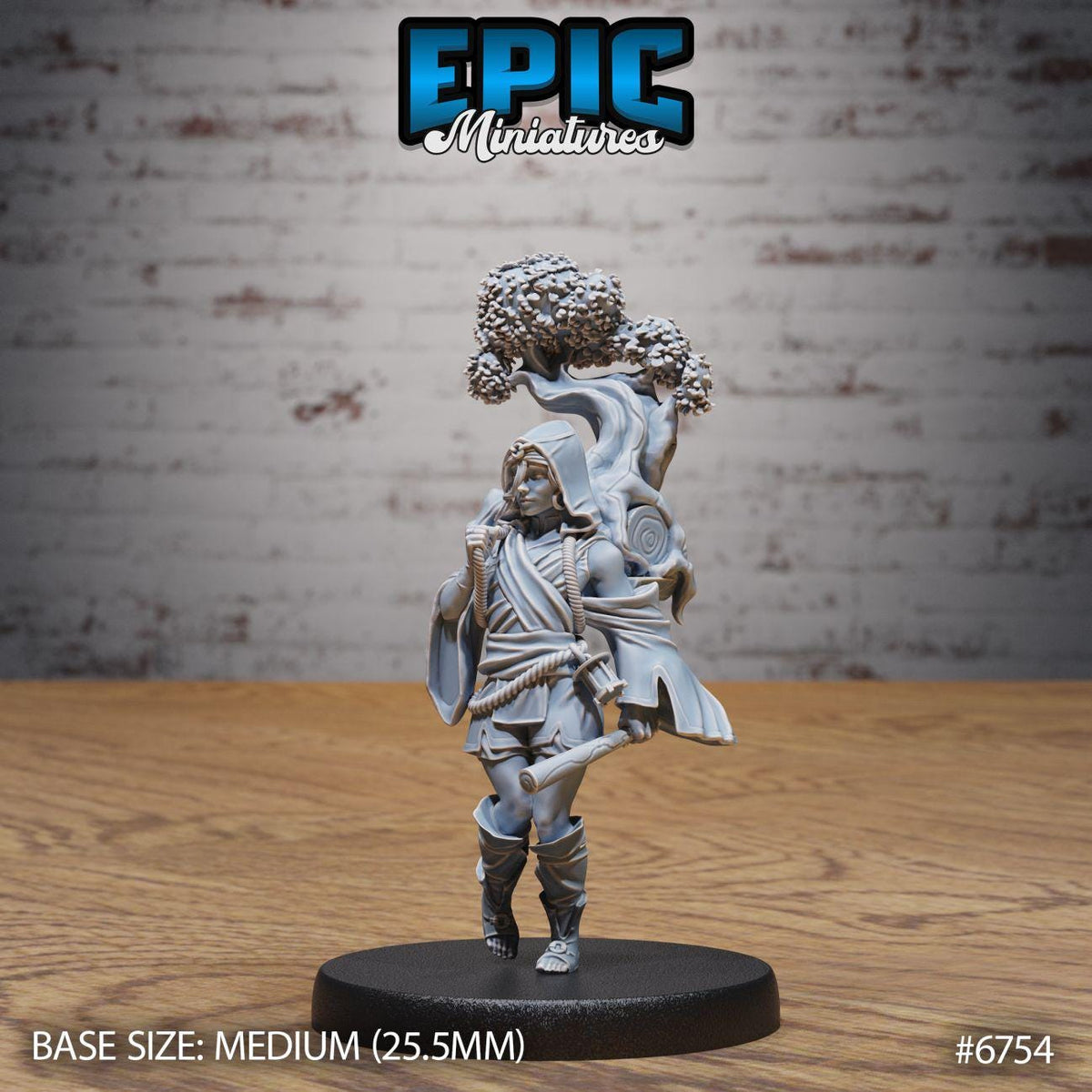 A figurine of a person standing on a black base, with a tree branch on their shoulder. The figurine appears to be a miniature model of a character from a video game or tabletop game.