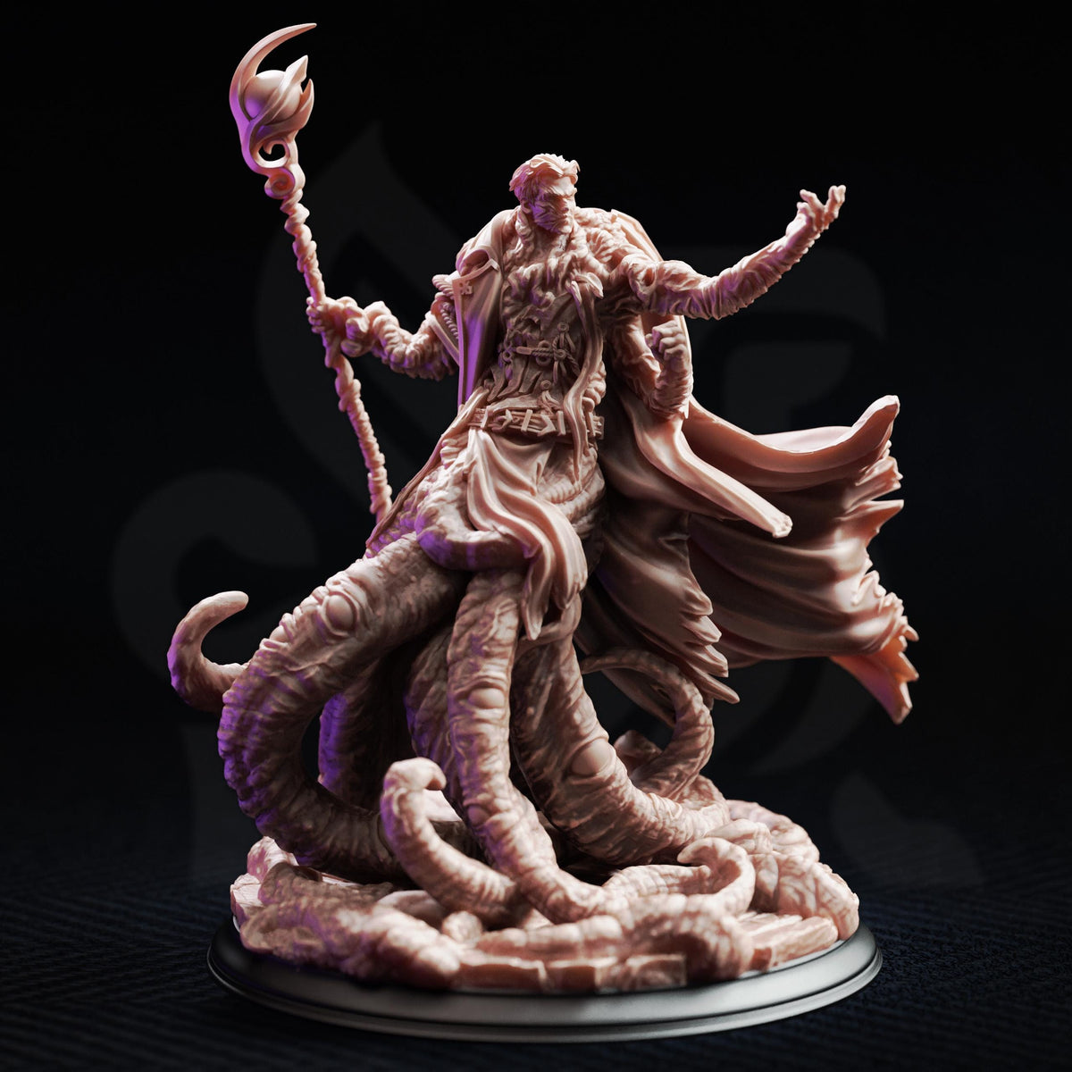 A detailed 3D model of a fantastical creature, possibly a mythical or magical being, with intricate details and a flowing robe.