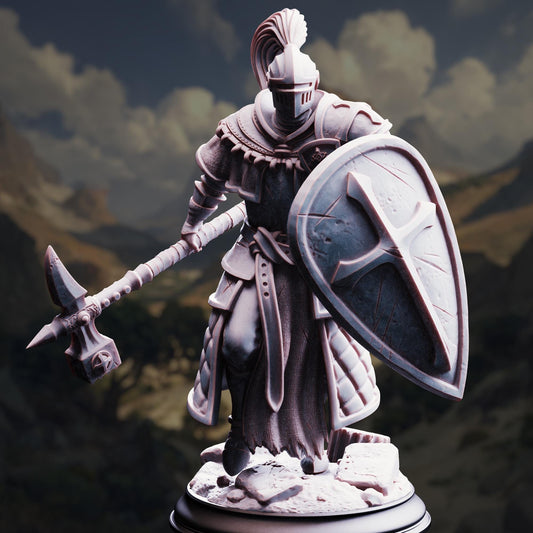 A detailed 3D model of a knight in armor, holding a shield and sword, standing in a mountainous landscape.