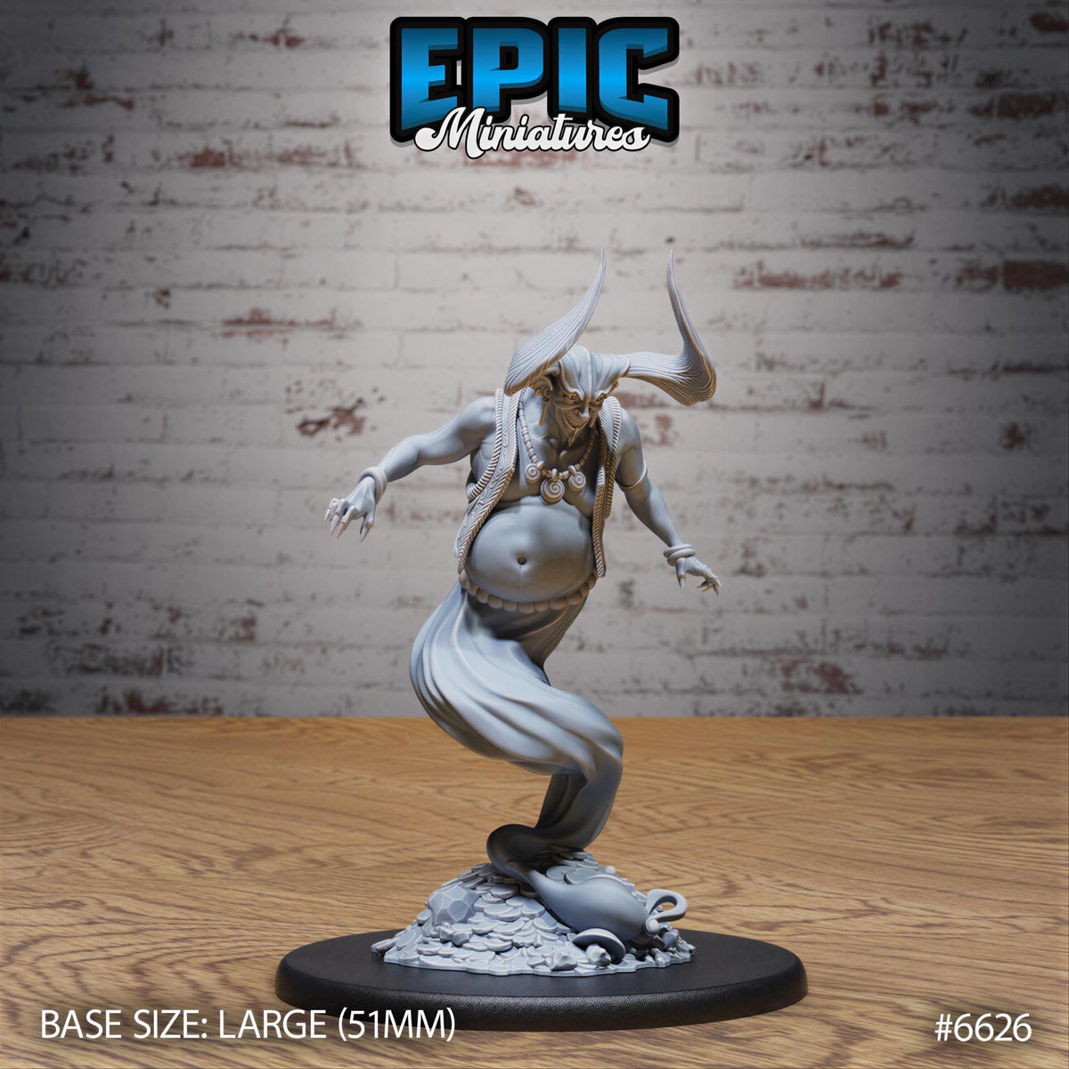 A 3D model of a character with horns and a large belly, standing on a black base. The character appears to be a fantasy or mythological figure, possibly a deity or a monster. The background is a brick wall.