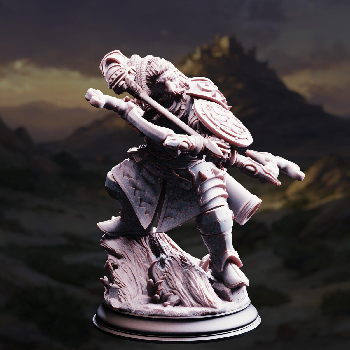 A detailed 3D model of a warrior figure, wearing armor and wielding a sword, set against a mountainous landscape.