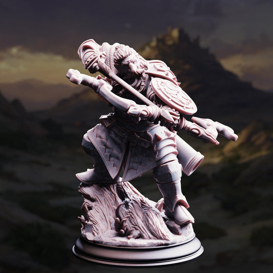 A detailed 3D model of a warrior figure, wearing armor and wielding a sword, set against a mountainous landscape.