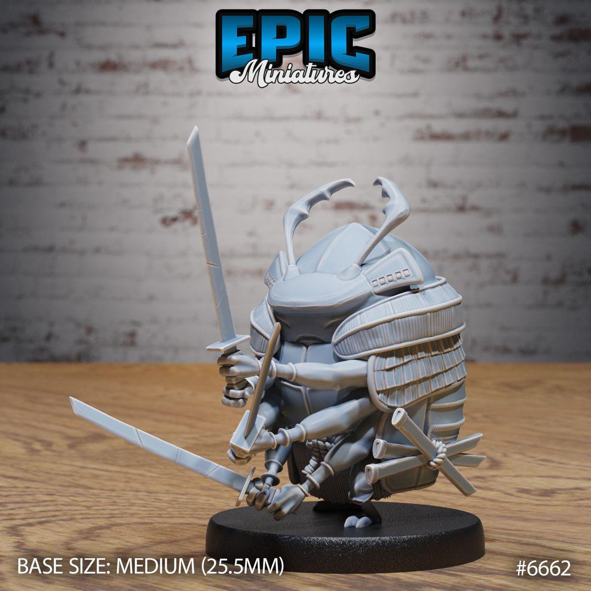 A figurine of a warrior-like character with multiple arms and weapons, displayed on a black base.