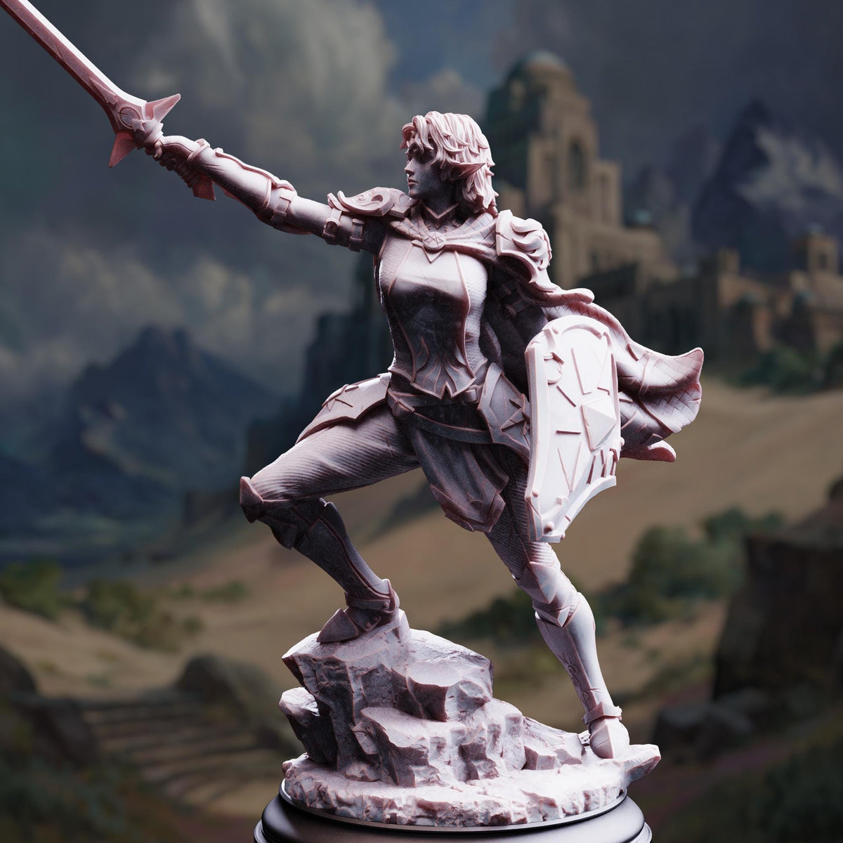 A detailed 3D model of a female warrior figure, holding a shield and sword, standing on a rocky outcrop against a backdrop of mountains and a castle.