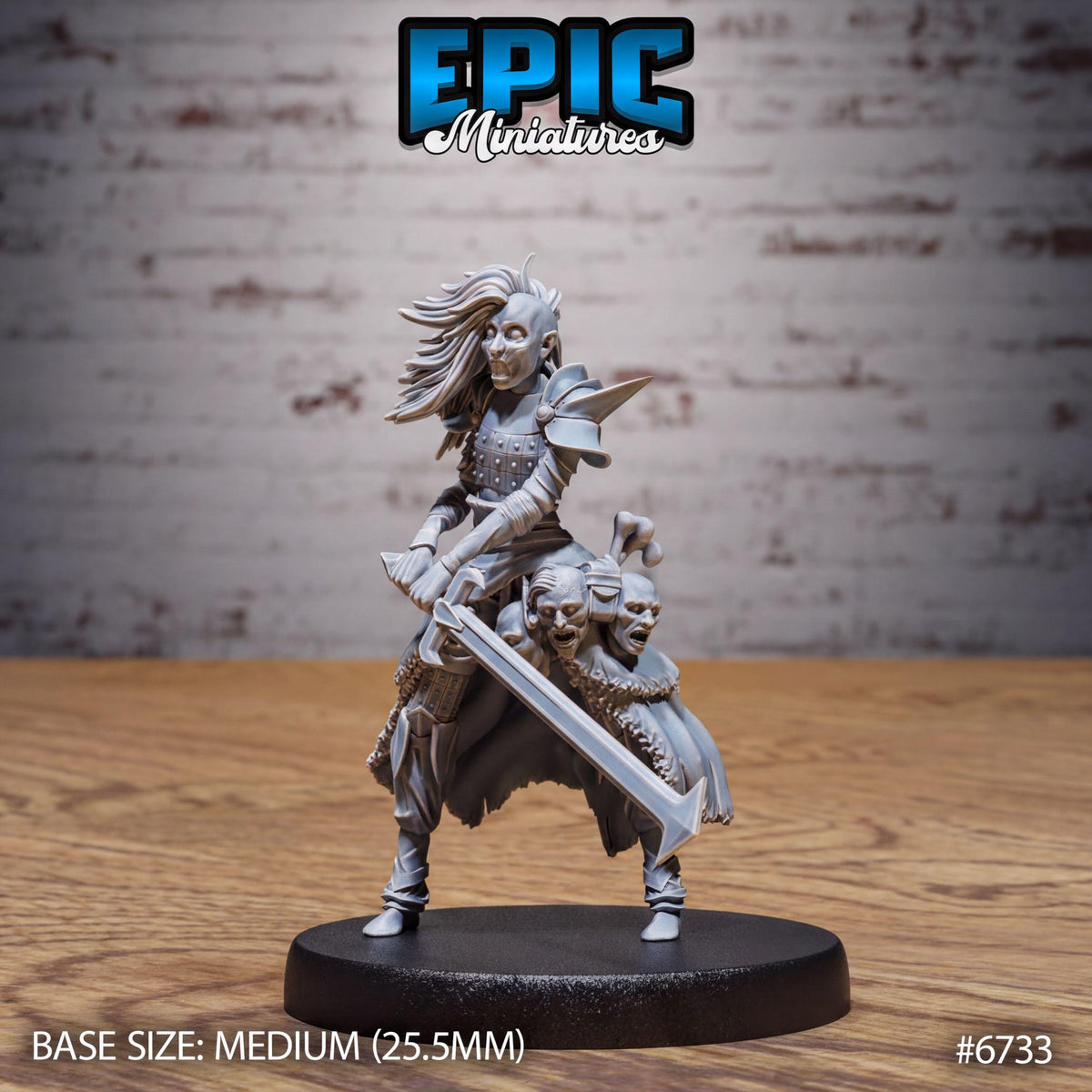 A figurine of a female character with long hair and a sword, standing on a black base. The figurine is described as a "MEDIUM" size, with a base size of 25.5mm. The image is part of the "EPIC MINIATURES" series, as indicated by the text at the top of the image.