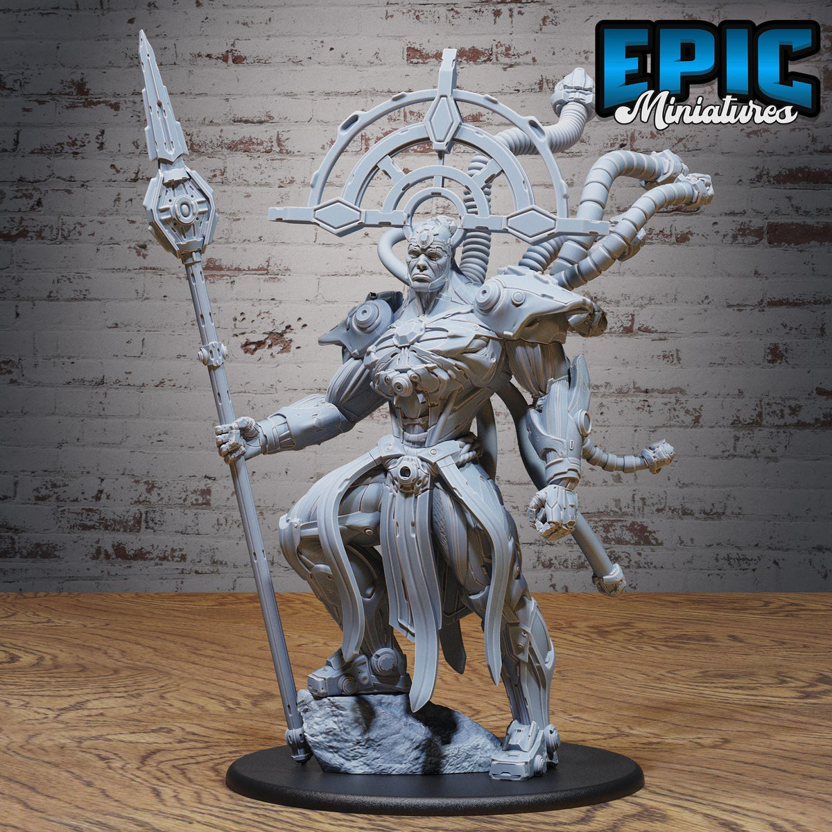 A detailed, futuristic-looking statue of a warrior figure holding a spear and standing on a platform.