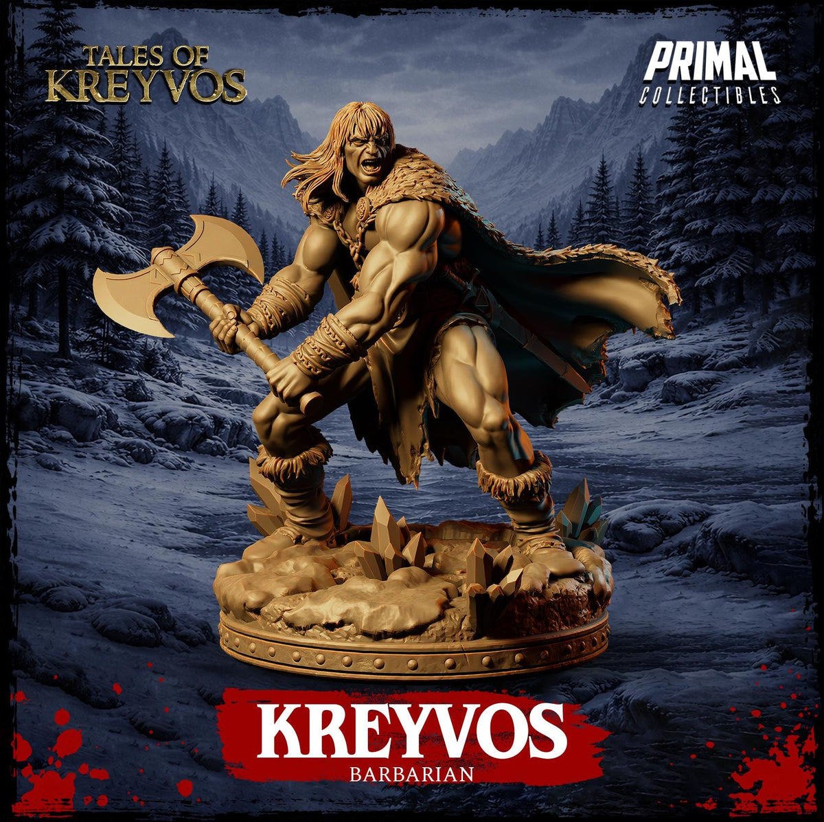 A bronze statue of a muscular, bearded warrior wielding a large sword, set against a snowy, mountainous landscape. The text "TALES OF KREYVOS" and "KREYVOS" is visible, along with the name "BARBARIAN" below the statue.