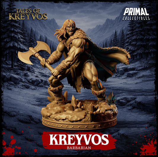 A bronze statue of a muscular, bearded warrior wielding a large sword, set against a snowy, mountainous landscape. The text "TALES OF KREYVOS" and "KREYVOS" is visible, along with the name "BARBARIAN" below the statue.