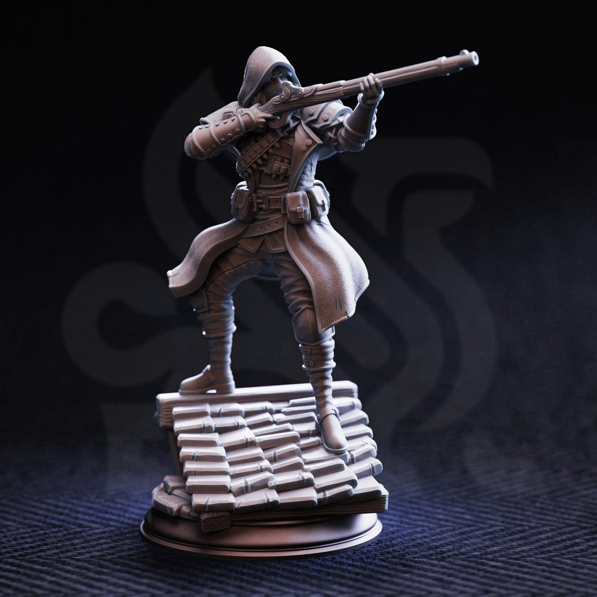 A 3D rendering of a figure holding a gun and aiming it, standing on a platform or structure.