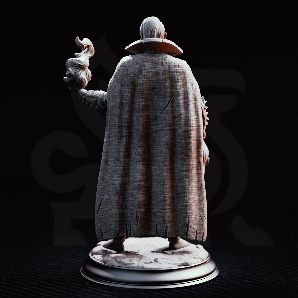 A 3D rendering of a statue of a person wearing a cape, standing on a pedestal against a dark background.
