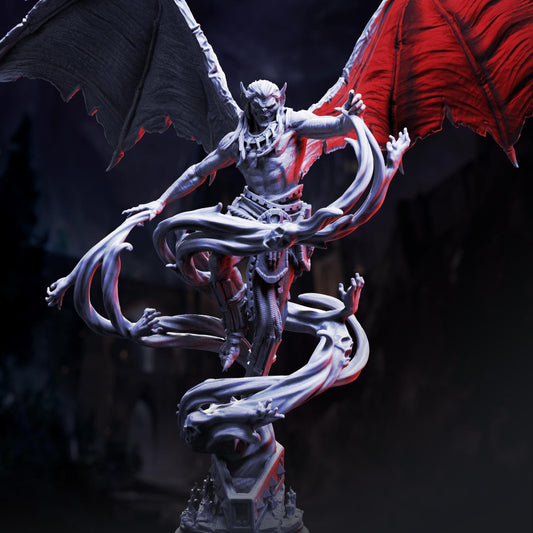 A dark, ominous statue of a winged, armored figure with a fierce expression, surrounded by swirling, ethereal elements.