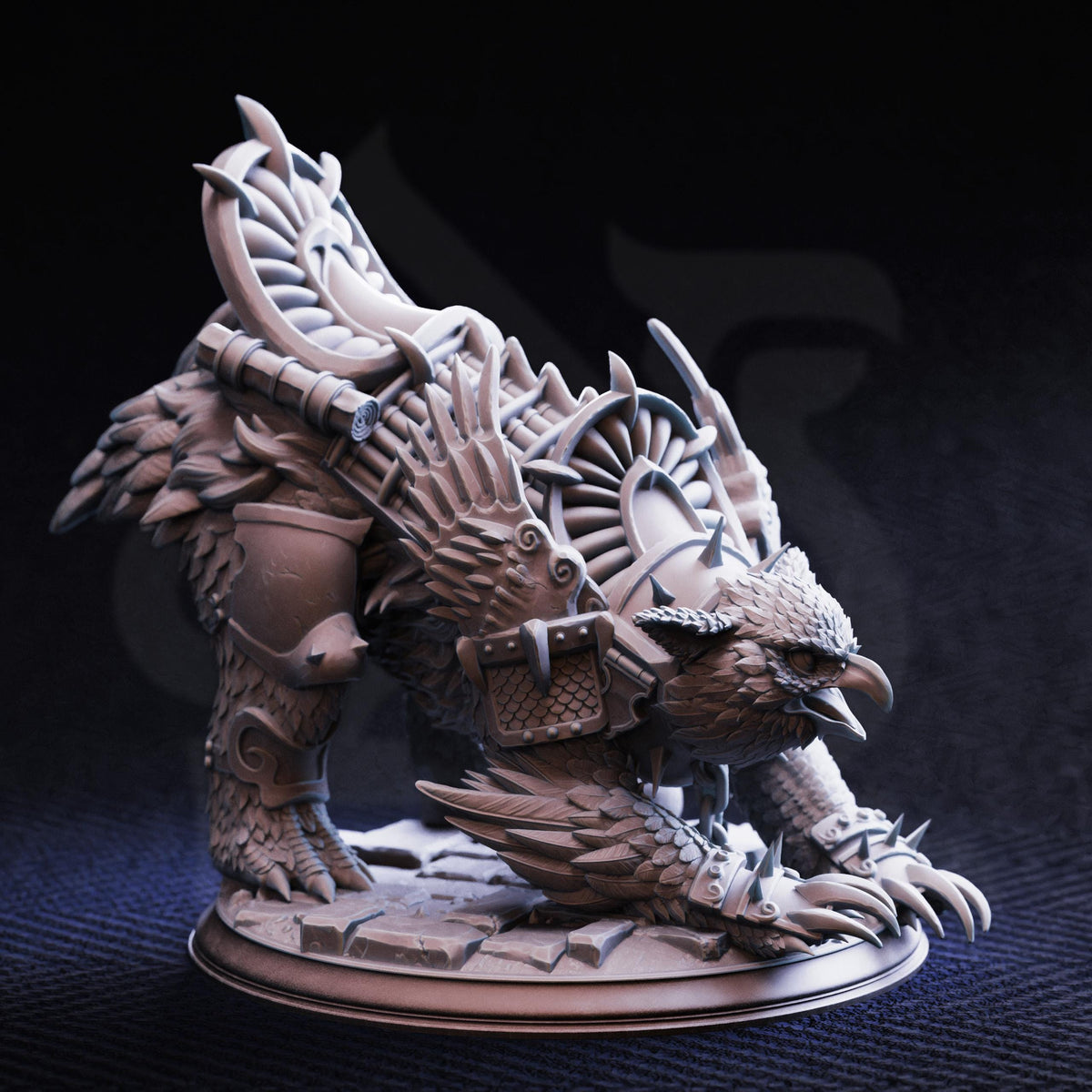 A detailed, intricate statue of a winged creature with ornate armor and weapons, set against a dark background.