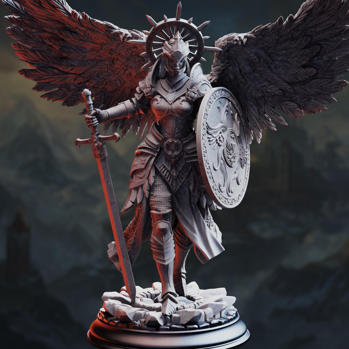 A detailed 3D rendering of a female warrior figure with wings, holding a shield and sword, standing on a rocky base against a dark, mountainous background.