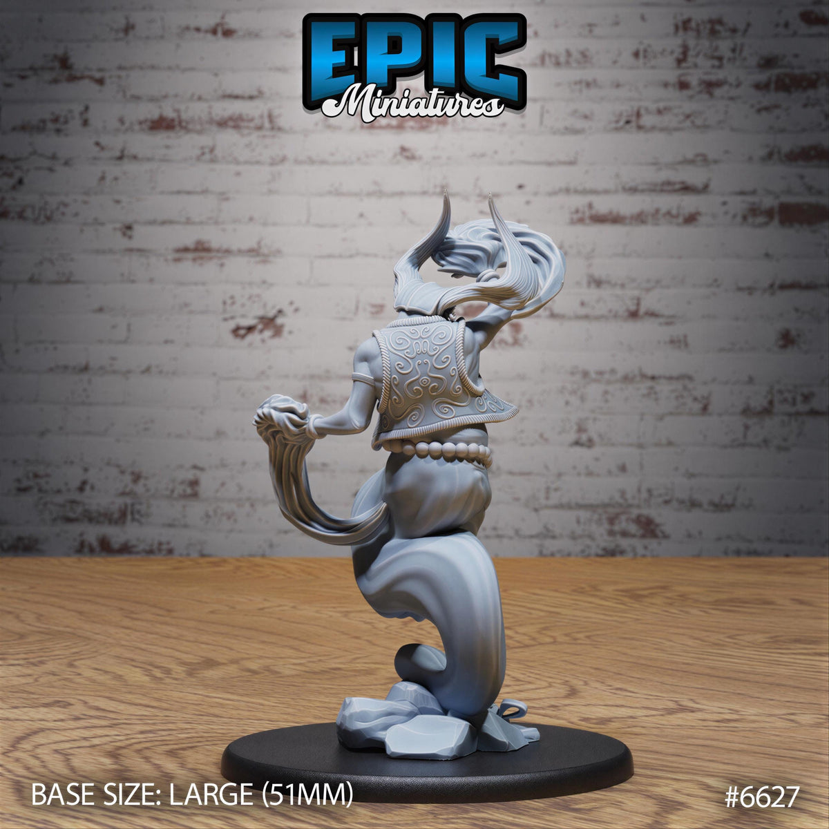 a statue of a fantastical creature, possibly a mythical or magical being, standing on a black base. The statue is described as a large (5.1mm) base size, and it is placed on a wooden surface. The background of the image is a brick wall.
