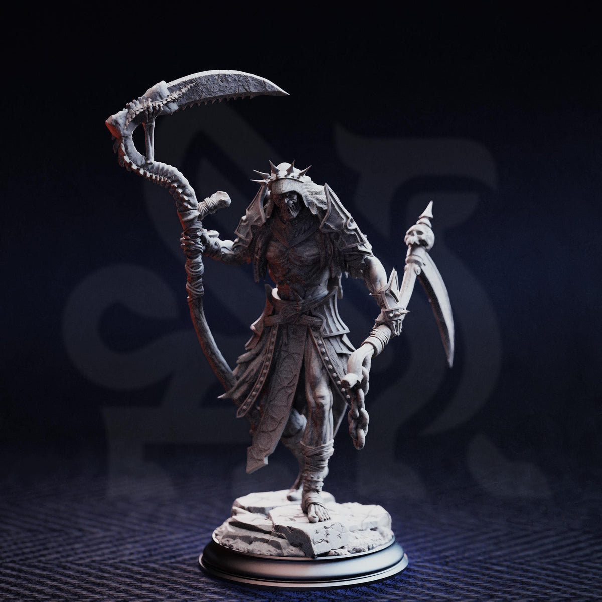A detailed 3D model of a warrior figure, holding a large weapon and standing on a pedestal.