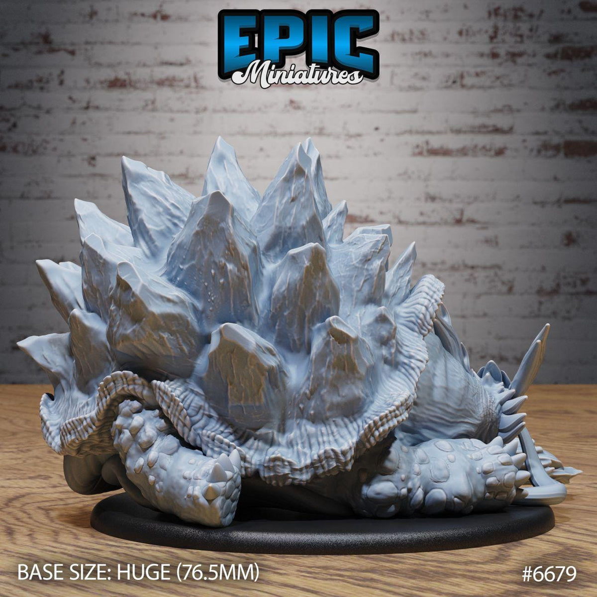 a large, detailed model of a turtle-like creature with spikes protruding from its body, sitting on a black base. The base size is described as huge (76.5mm). The background is a brick wall, and the image is labeled with the text "Epic Miniaturies" and "#6679".