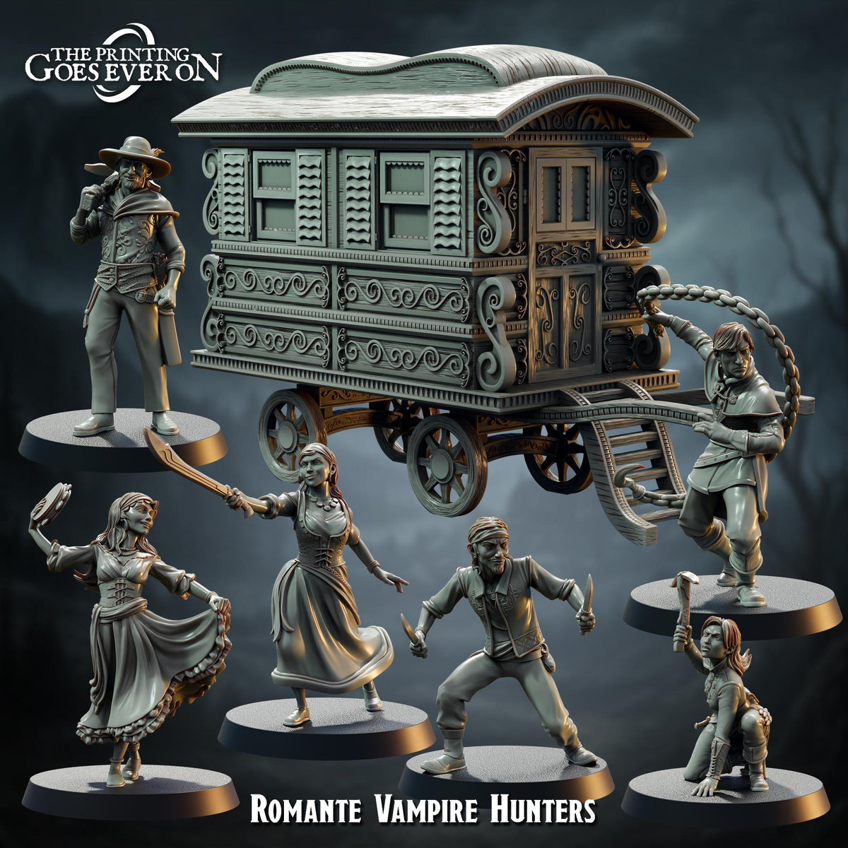 The image is a collage of six figurines depicting characters from the romantic vampire hunting series, specifically the Romante Vampire Hunters.