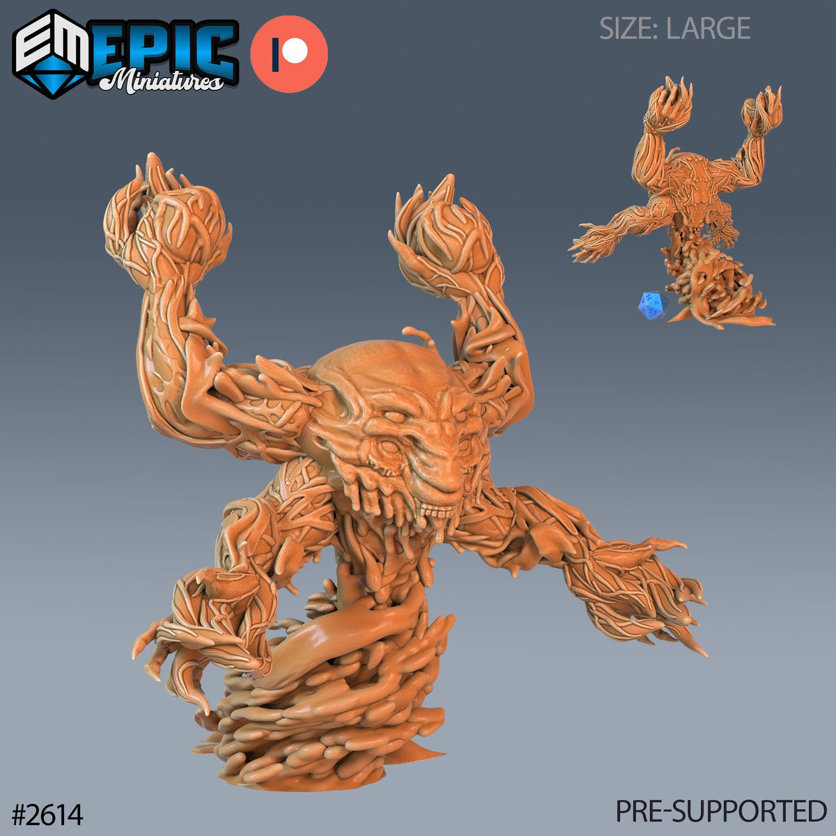 a 3D rendering of a fantastical creature with an orange, organic-looking body and intricate, textured features. The creature appears to be a large, imposing figure with a fierce expression and a raised fist. The image is described as a "pre-supported" size, which implies that it is a smaller version of the larger, more detailed figure. The image is part of a larger collection of images, as indicated by the text "size: large" and "pre-supported" at the top.
