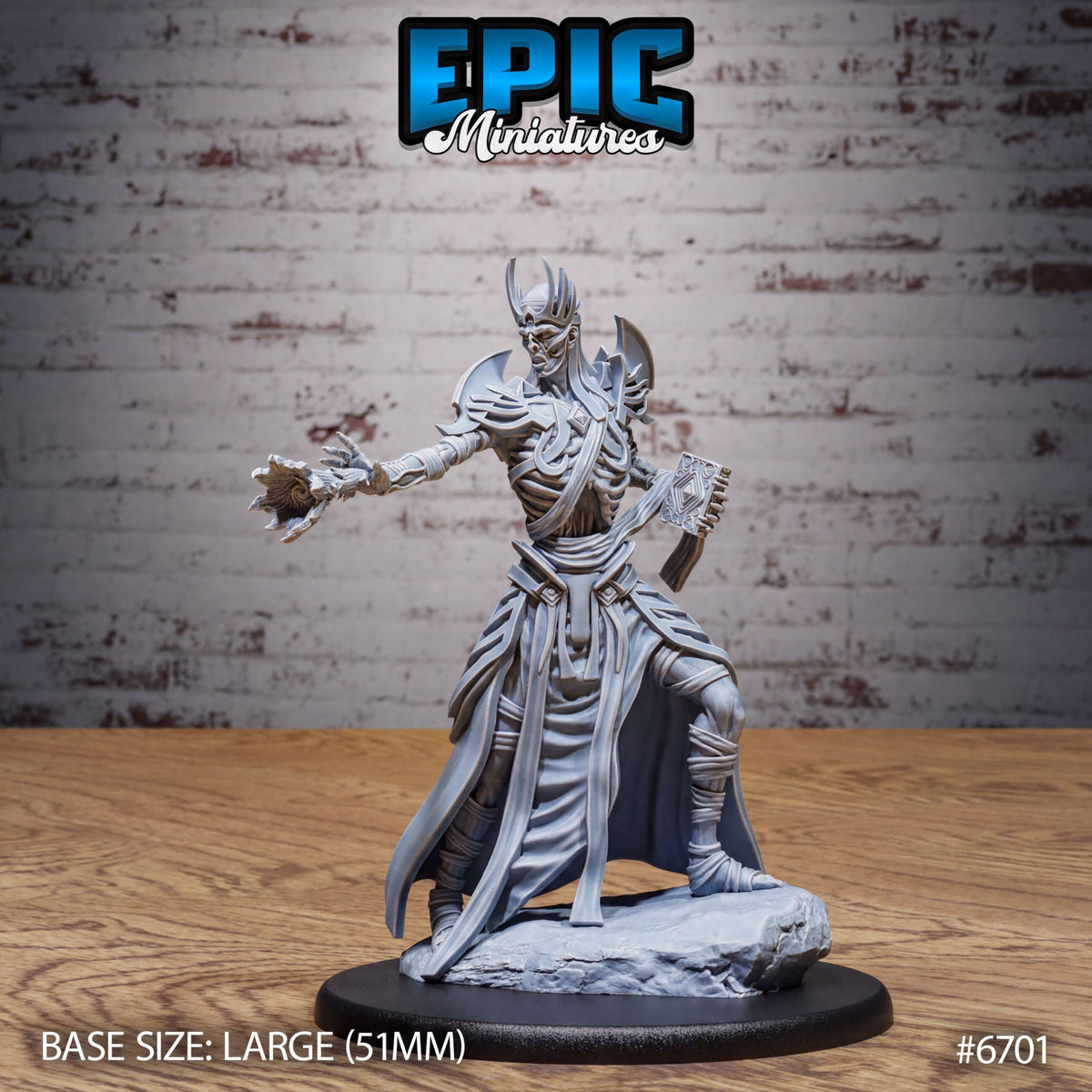 A figurine of a warrior figure, likely from the video game Epic Miniatures, is displayed on a black base. The figurine is depicted in a dynamic pose, with a sword in hand and a determined expression on its face. The background is a brick wall, which complements the warrior theme. The image is labeled with the base size, which is described as large (51mm), and the number of the figurine, which is #6703.