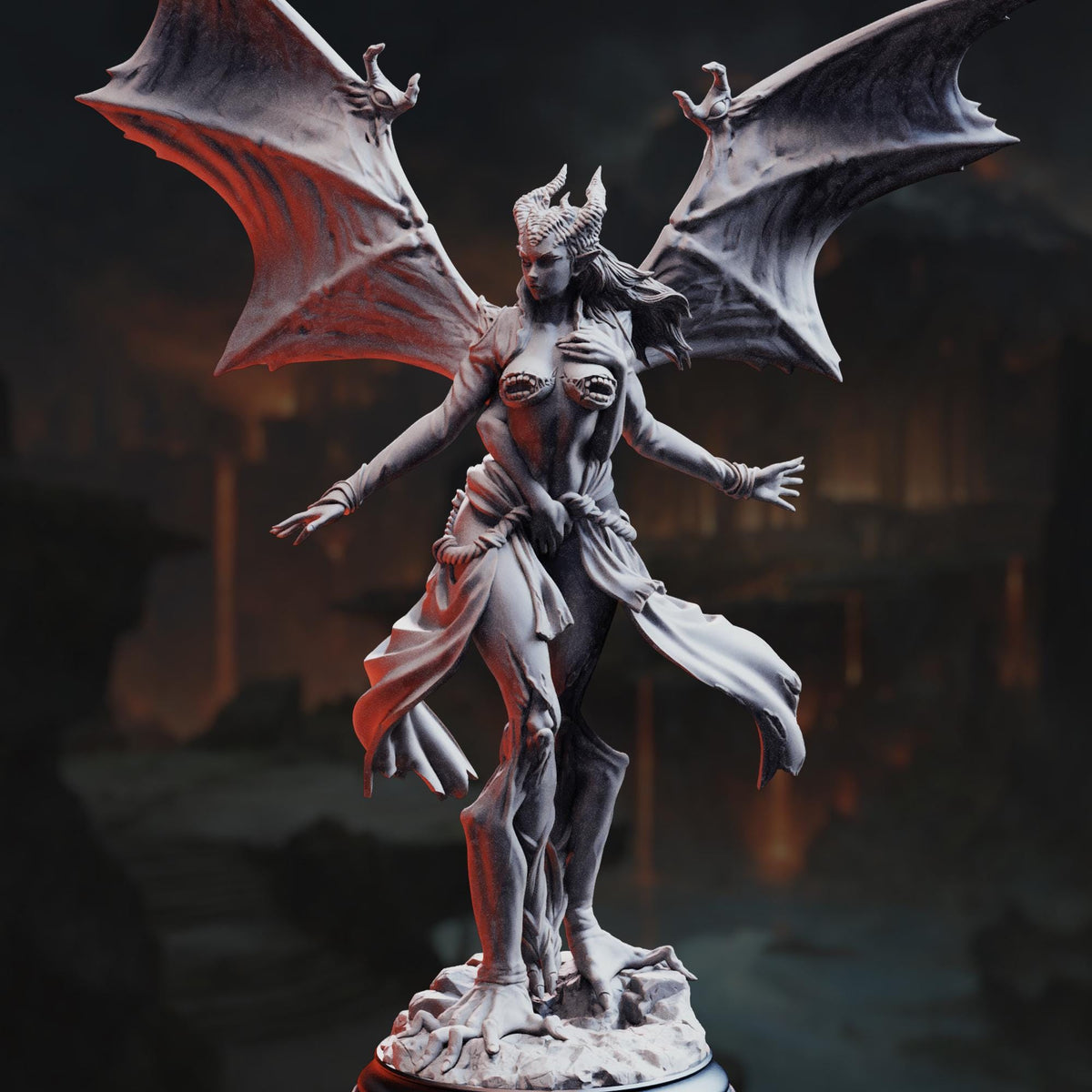 A detailed 3D rendering of a winged female figure with horns, standing on a pedestal and appearing to be in a dynamic pose.