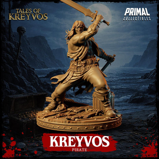 A bronze statue of a pirate standing on a ship deck, holding a sword and shield, with a stormy sea and mountains in the background.
