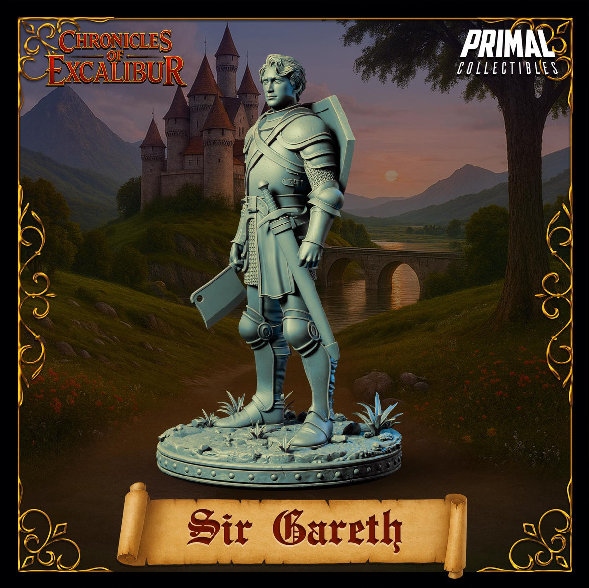 a statue of a knight in armor standing in front of a castle, with a sunset in the background.