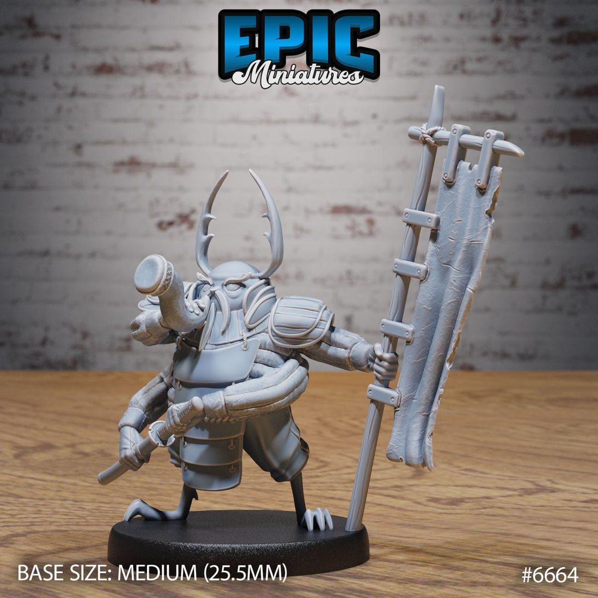 A figurine of a character with a large horn, wearing a helmet and holding a banner, standing on a black base.