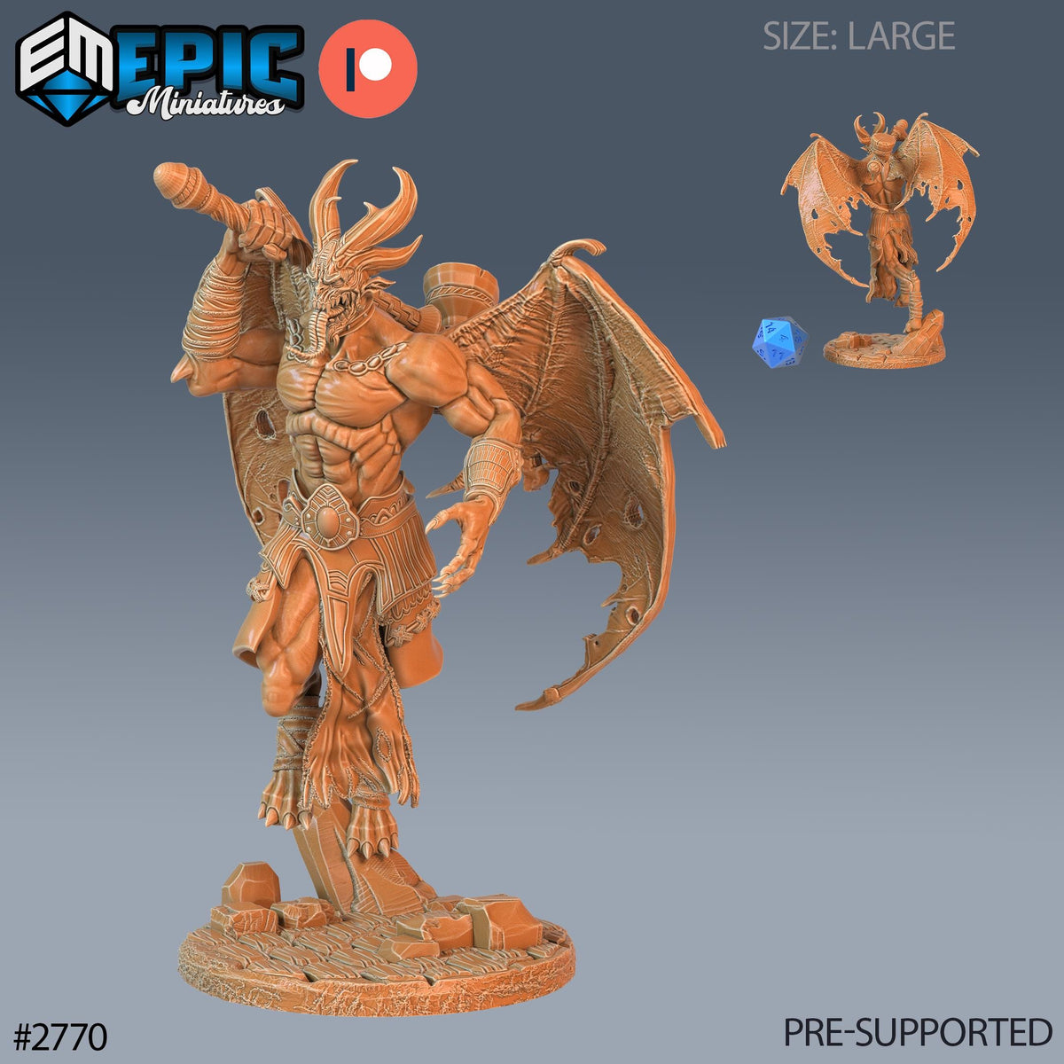 The image is a 3D model of a winged, armored figure, possibly a deity or a fantasy creature, with a blue gemstone or gemstone-like object in its hand. The figure appears to be a miniature or figurine, and it is described as being large in size. The image is pre-supported, meaning it is ready for use in a game or other creative project.