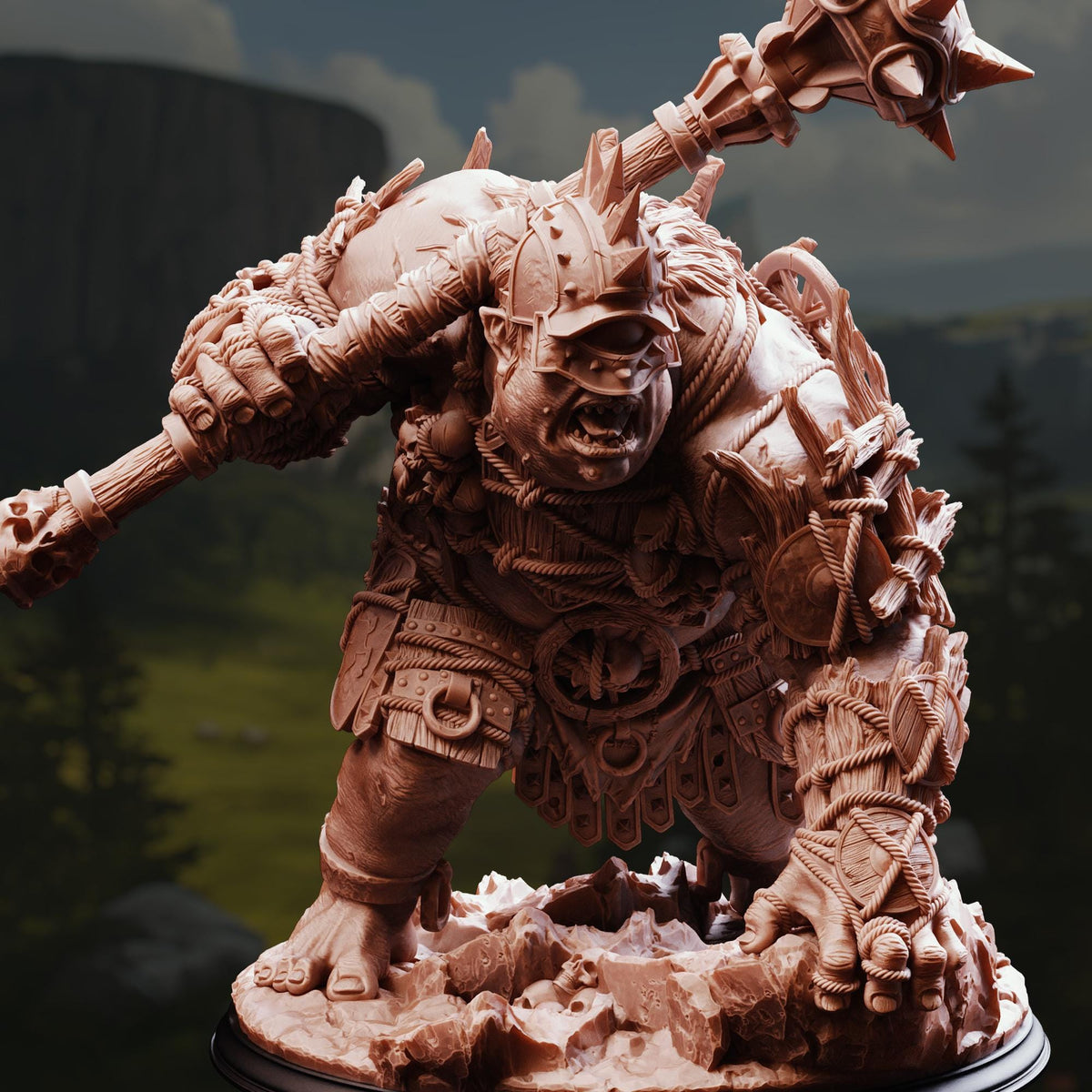 A detailed 3D model of a heavily armored and battle-ready monster, with intricate details and a fierce expression, set against a backdrop of a mountainous landscape.