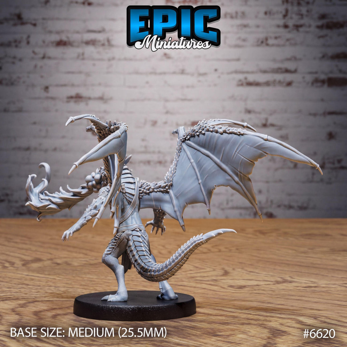 A detailed model of a dragon-like creature with wings and sharp teeth, standing on a black base. The background is a brick wall.