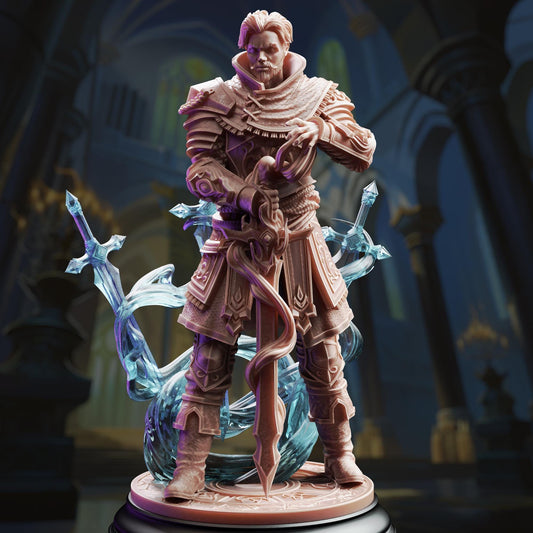 A detailed 3D model of a knight figure, standing in a grand, ornate setting with intricate architectural elements in the background.