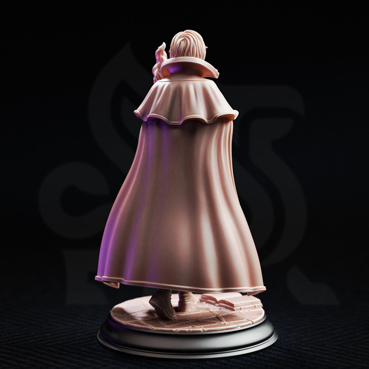 A 3D rendering of a figure wearing a flowing pink cape, standing on a platform against a dark background.