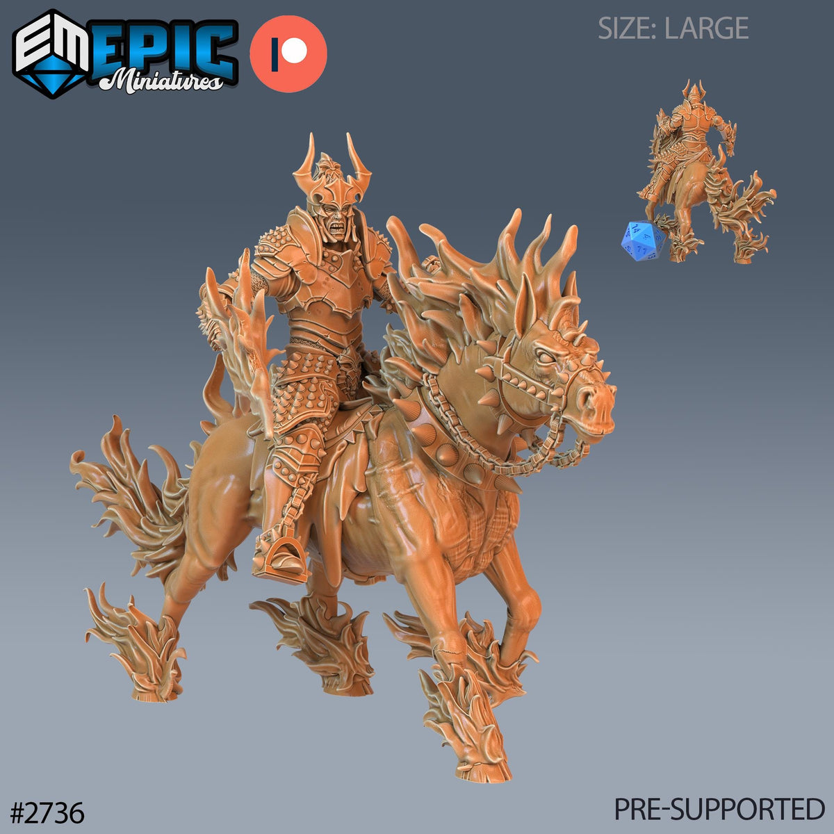 The image is a 3D rendering of a fantasy character, specifically a knight on horseback. The character is armored and has a fierce expression, suggesting a powerful and imposing presence. The image is a collage of multiple images, and it is pre-supported, meaning it is ready for use in a game or other project. The character is described as large, indicating that it is a significant and detailed figure.