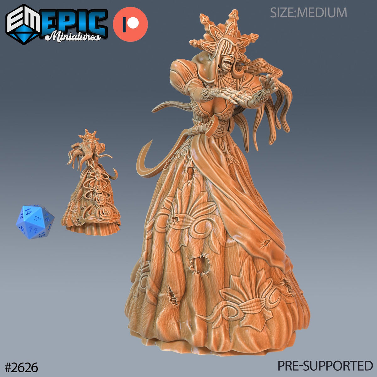 The image is a 3D rendering of a figurine, which appears to be a fantasy character with an ornate dress and headdress. The figurine is described as a "pre-supported" size-medium and is shown in various sizes, including a small and a large version. The image is a collage of multiple images, and the phrase "The image depicts" is not used.