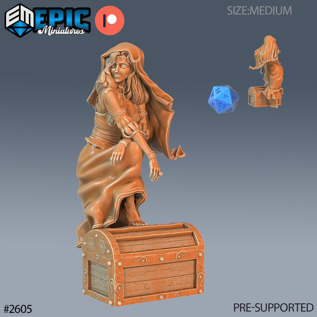 The image is a 3D model of a female character, possibly a pirate, sitting on a chest with a treasure chest below her. The image is pre-supported, meaning it is not a real-life object and is only a representation of a character or scene. The image does not contain any text or other objects, and it is a single, continuous scene.