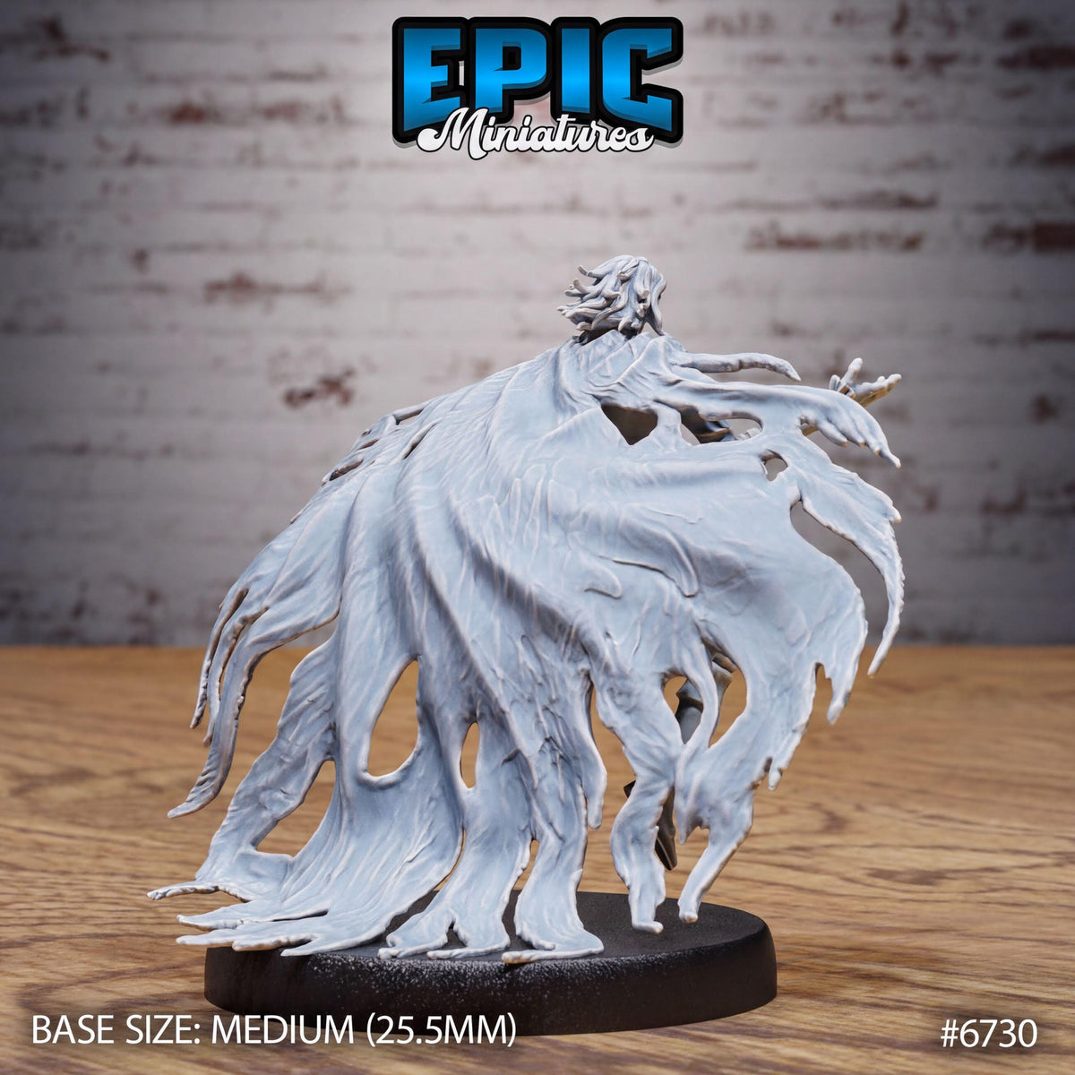 a detailed miniature figurine of a winged creature, possibly a dragon or a fairy, with a large, flowing white wing. The figurine is placed on a black base, and the image is labeled with the text "BASE SIZE: MEDIUM (25.5MM)" and "#6730".