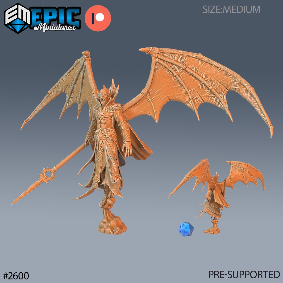 a figurine of a winged, armored figure with a spear, and a smaller figurine of a winged, armored figure with a gemstone. The figurines are of varying sizes, with the larger one being a miniature and the smaller one being a pre-sized model. The image does not contain any text or additional objects, and the figurines are the main focus of the image.