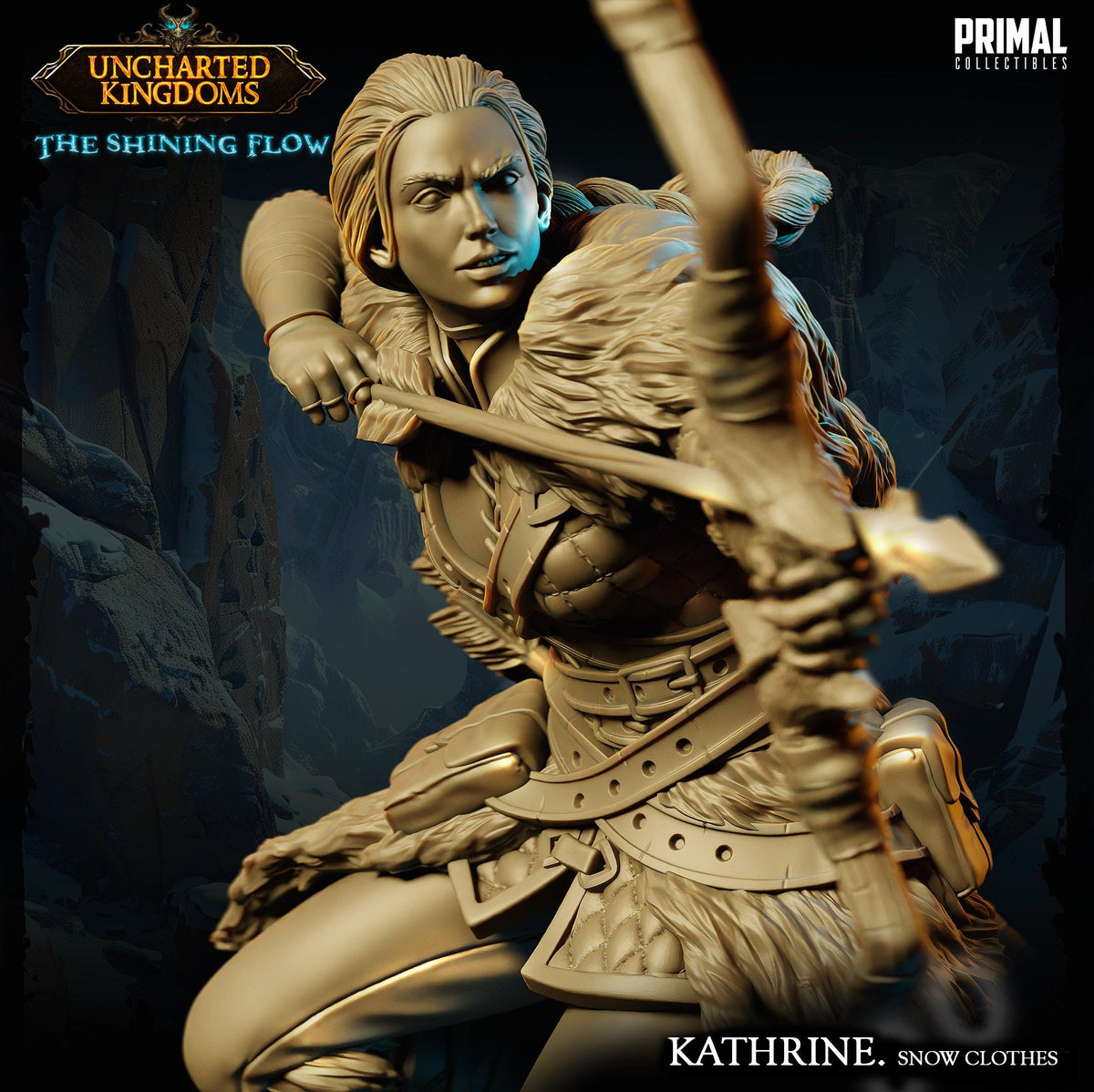 A detailed sculpture of a female warrior character, likely from the video game "Uncharted Kingdoms: The Shining Flow", with intricate details and a fierce expression.