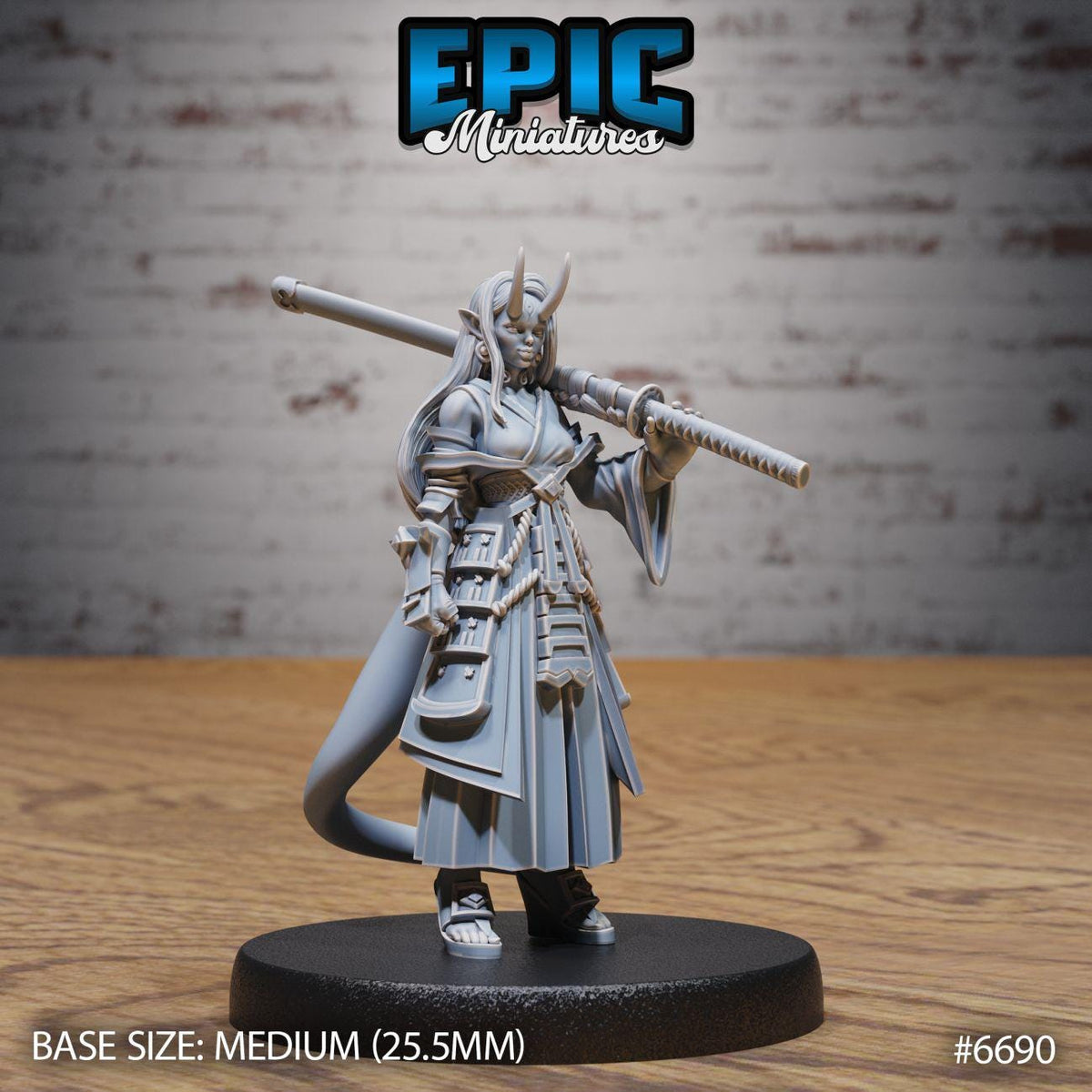 A figurine of a warrior character, likely from a fantasy or science fiction game, standing on a black base and holding a sword.