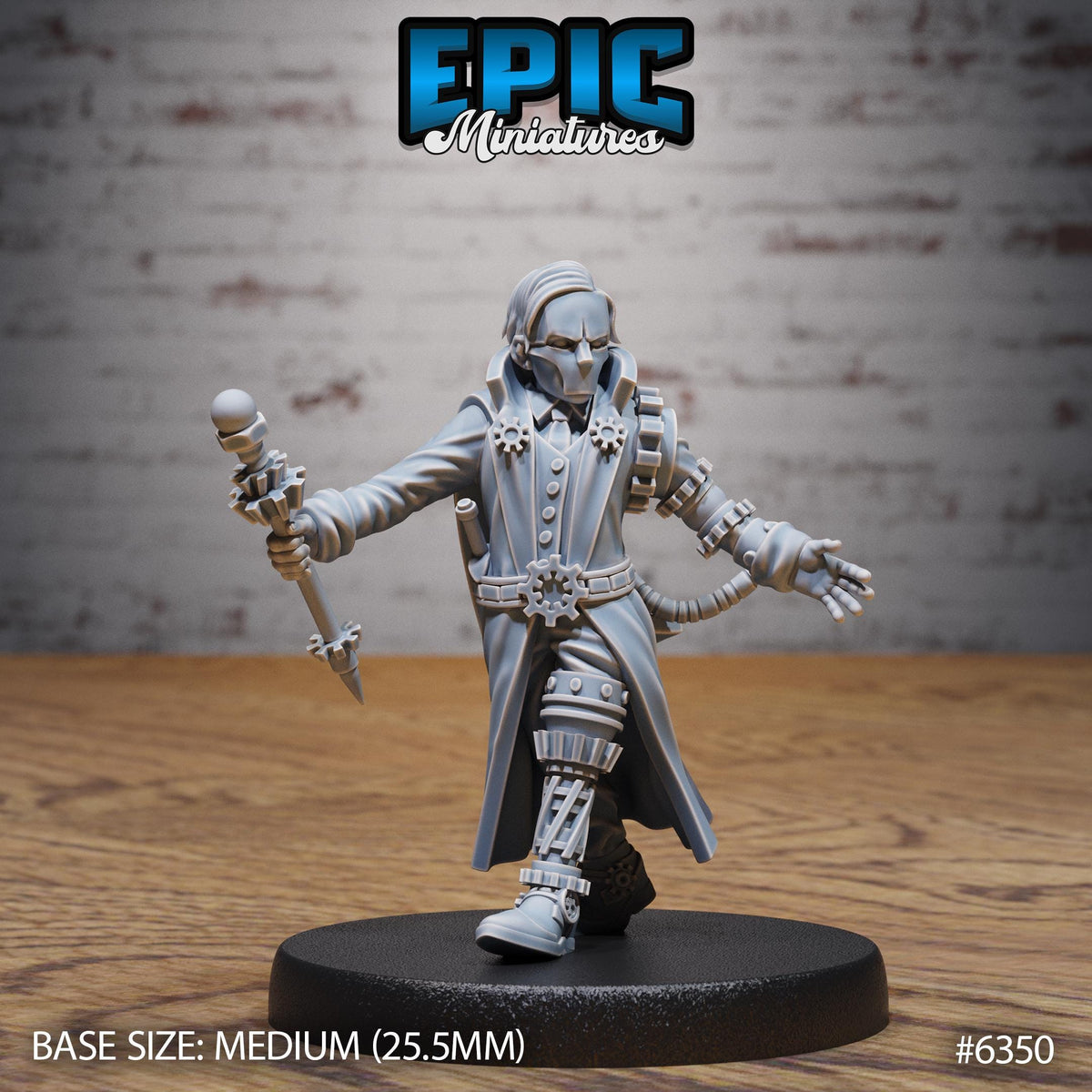 A figurine of a person wearing a long coat and holding a microphone, standing on a black base.