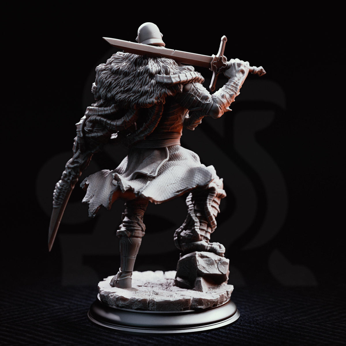 A detailed 3D model of a warrior figure holding a sword and shield, standing on a rocky base against a dark background.