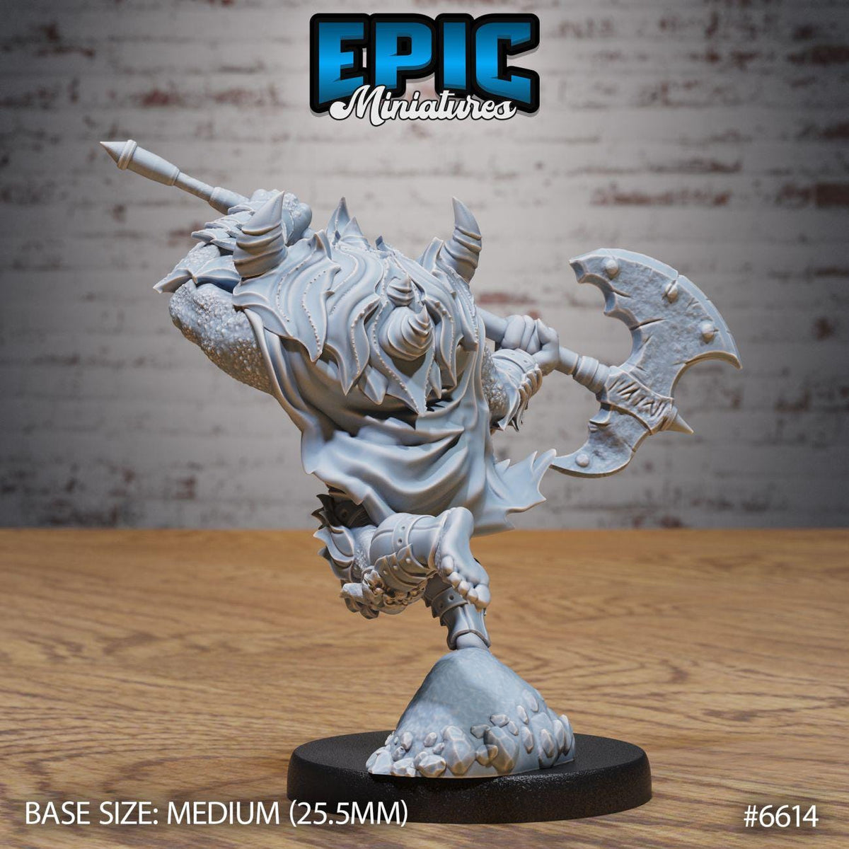 A detailed miniature figurine of a warrior wielding a large sword and shield, set against a brick wall background.