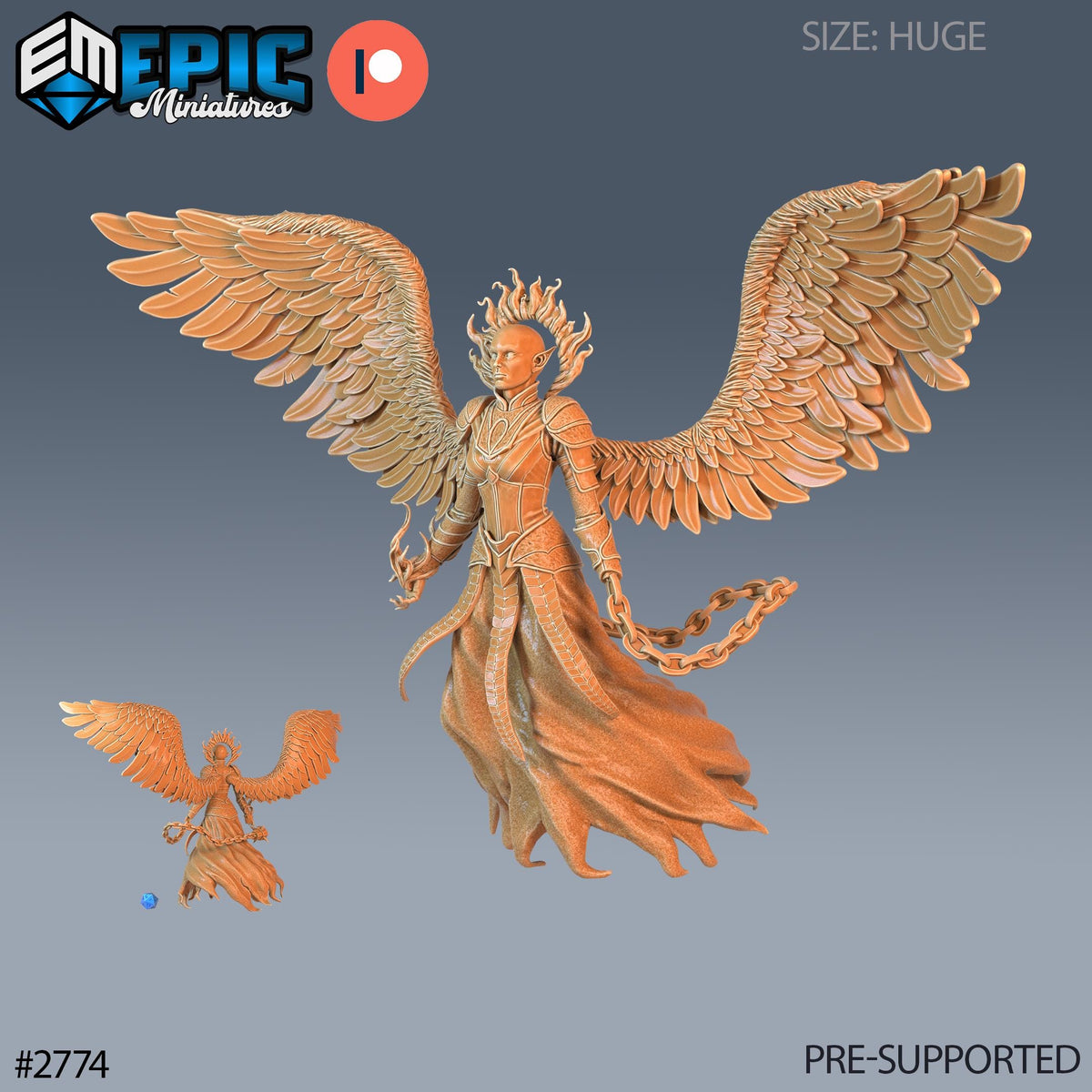 a large, winged figure with a flowing robe and a crown, standing against a gray background.