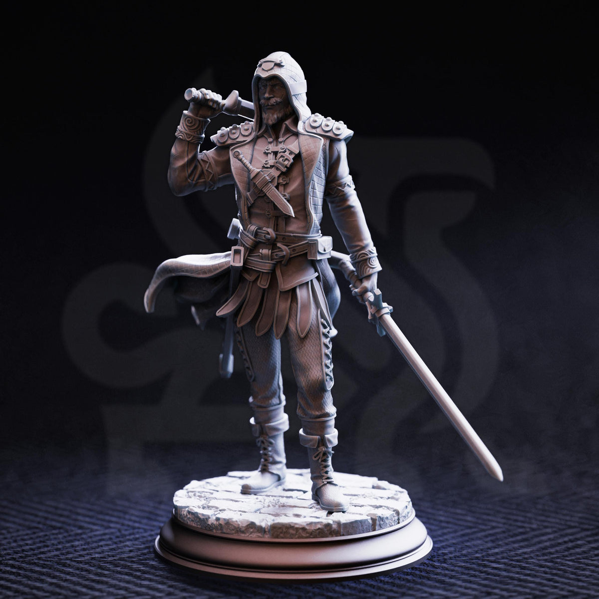 A detailed 3D model of a knight figure, standing on a pedestal and holding a sword in one hand and a shield in the other.