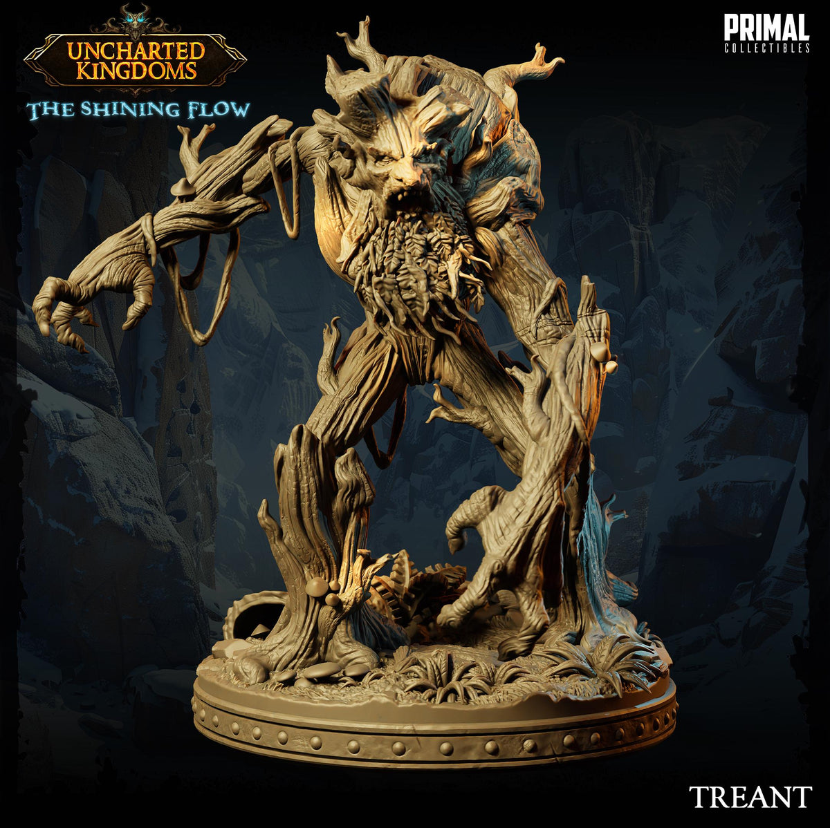a large, intricate, and detailed statue of a creature resembling a tree or a dragon-like being, with a menacing expression and a menacing appearance.