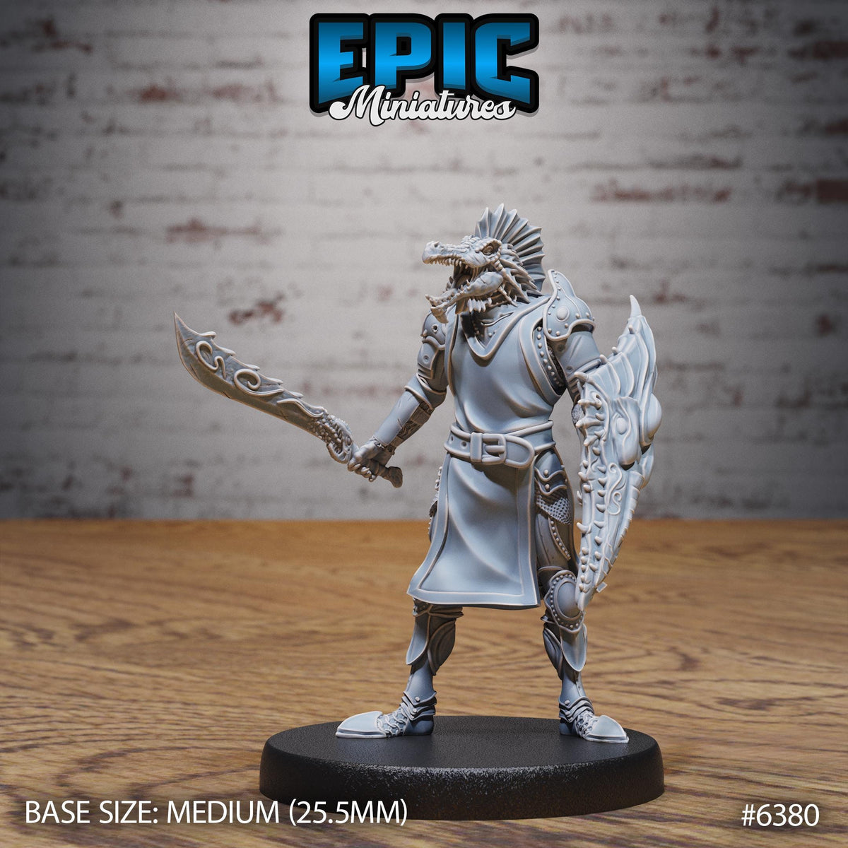A figurine of a dragon-like creature with a sword and shield, standing on a black base.