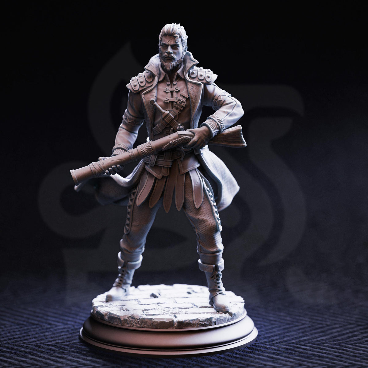 A detailed 3D model of a knight figure holding a sword and shield, standing on a pedestal against a dark background.