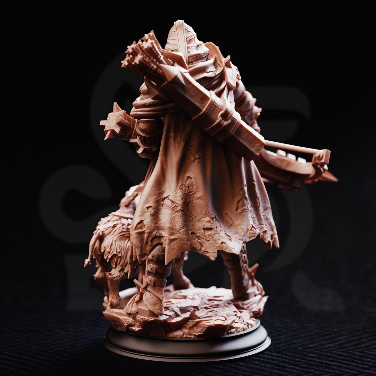 A detailed 3D model of a warrior figure, likely a knight or knightly figure, standing on a base and holding a bow and arrow.